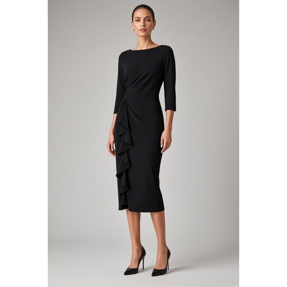 Aisize Women’s Size Small Black Ruched Waist Midi Dress Party Cocktail NWT